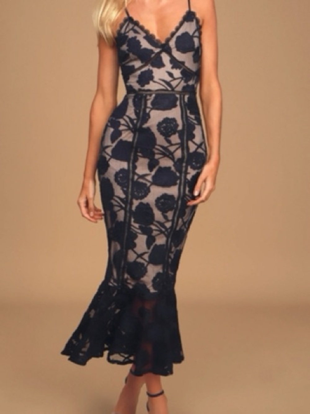 Navy Floral Lace Midi Dress with Scallop V-Neck